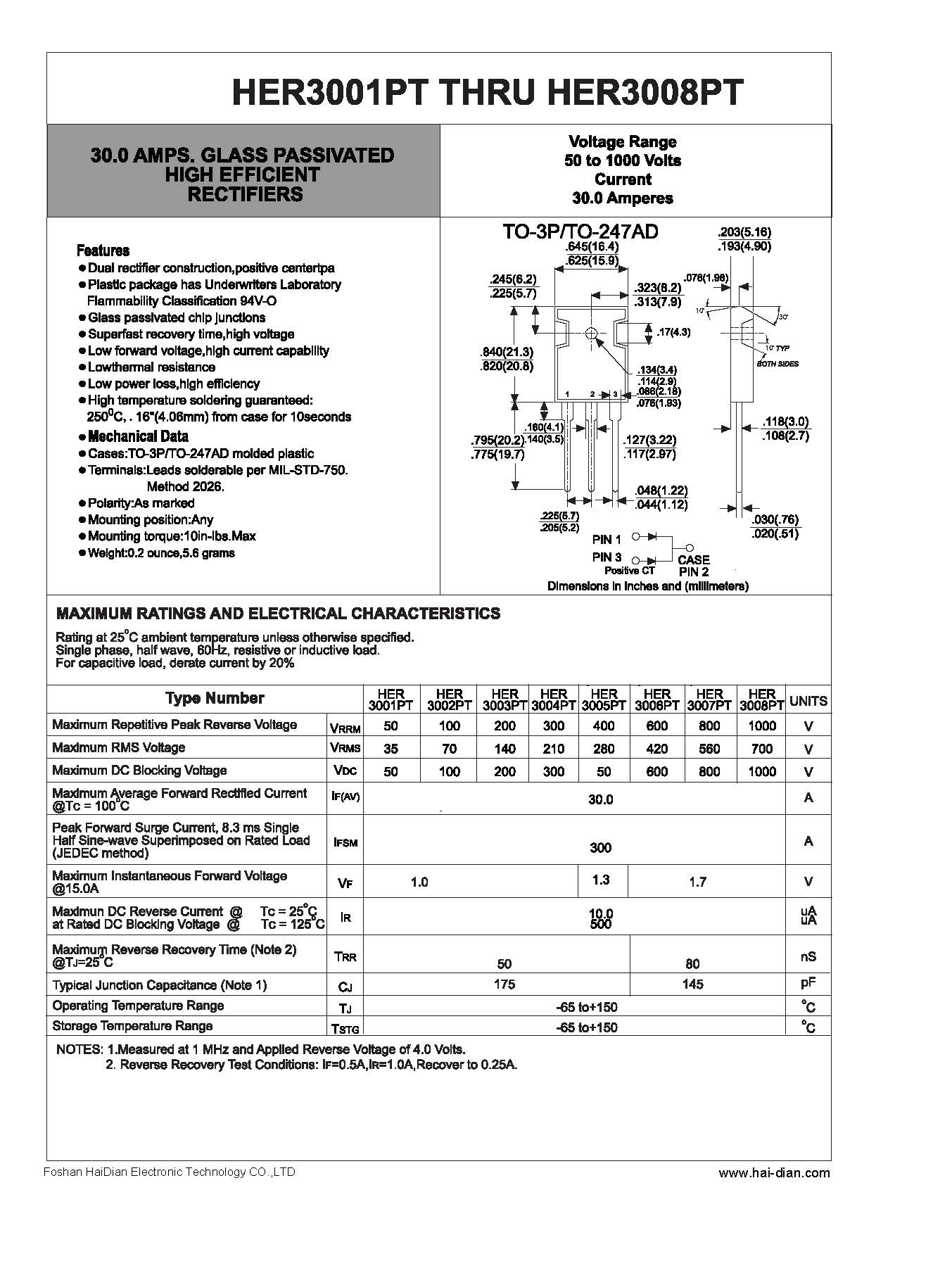 HER3001PT高效整流二极管-- 佛山海电电子科技有限公司