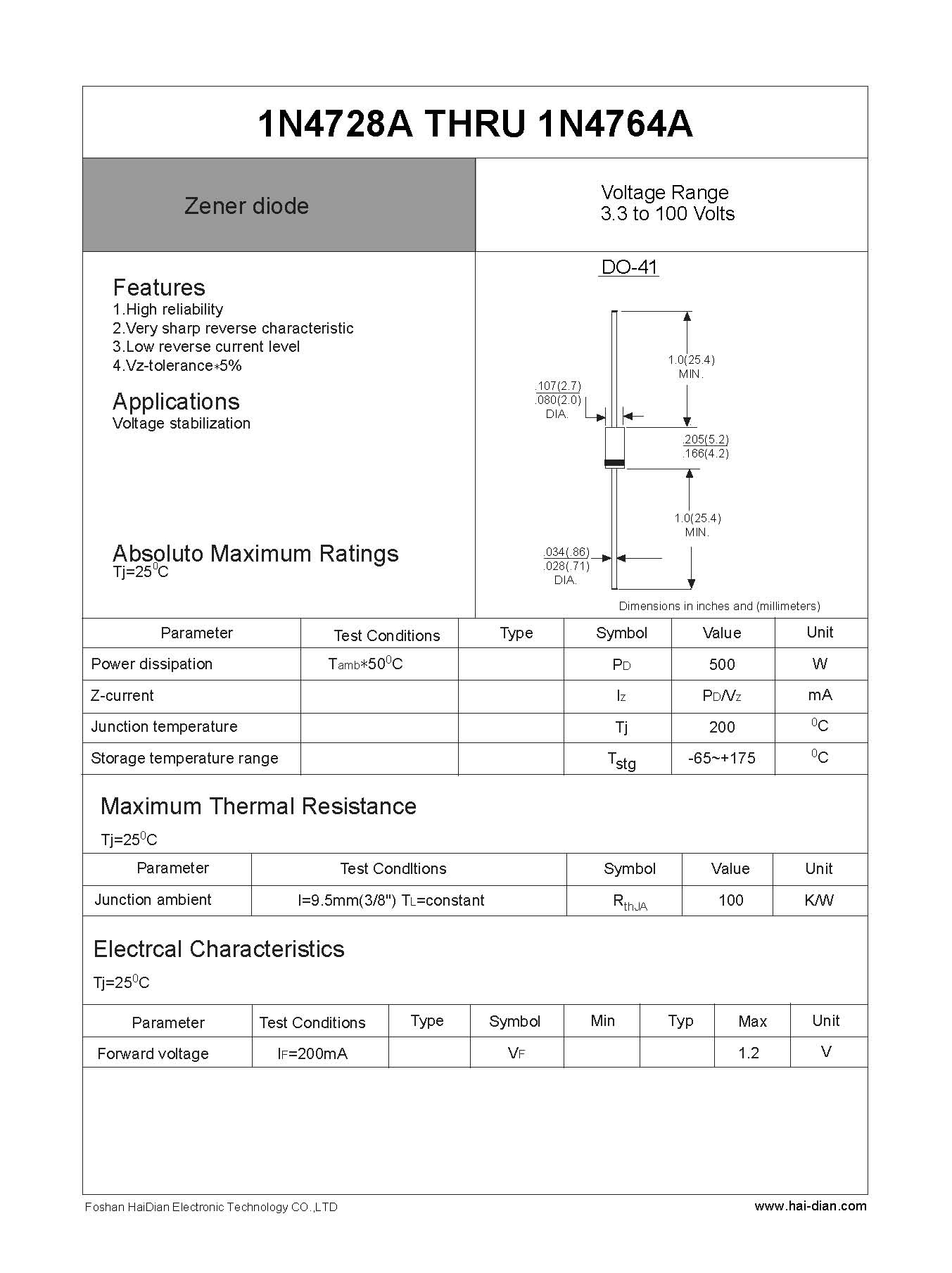 1N4728A稳压二极管-- 佛山海电电子科技有限公司